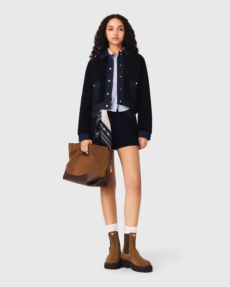 Maje Blouson Aus Bouclé Mit Denimdetails - Marineblau Marine