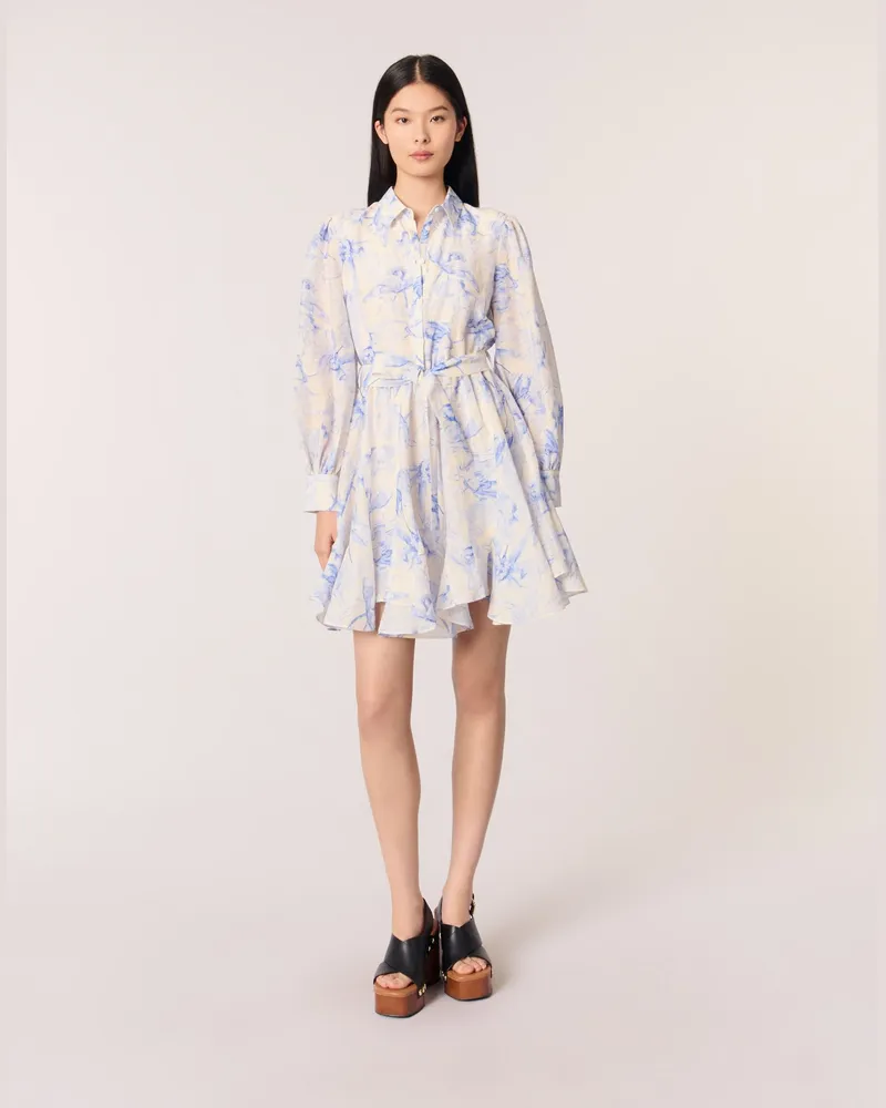 Maje Hemdkleid Mit Print - Imprime Fleur Bleue Fond Ecru Imprime