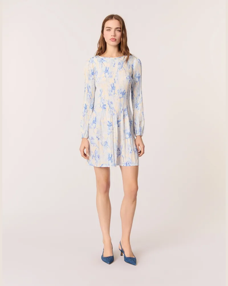 Maje Plissiertes Kleid Mit Print - Imprime Fleur Bleue Fond Ecru Imprime