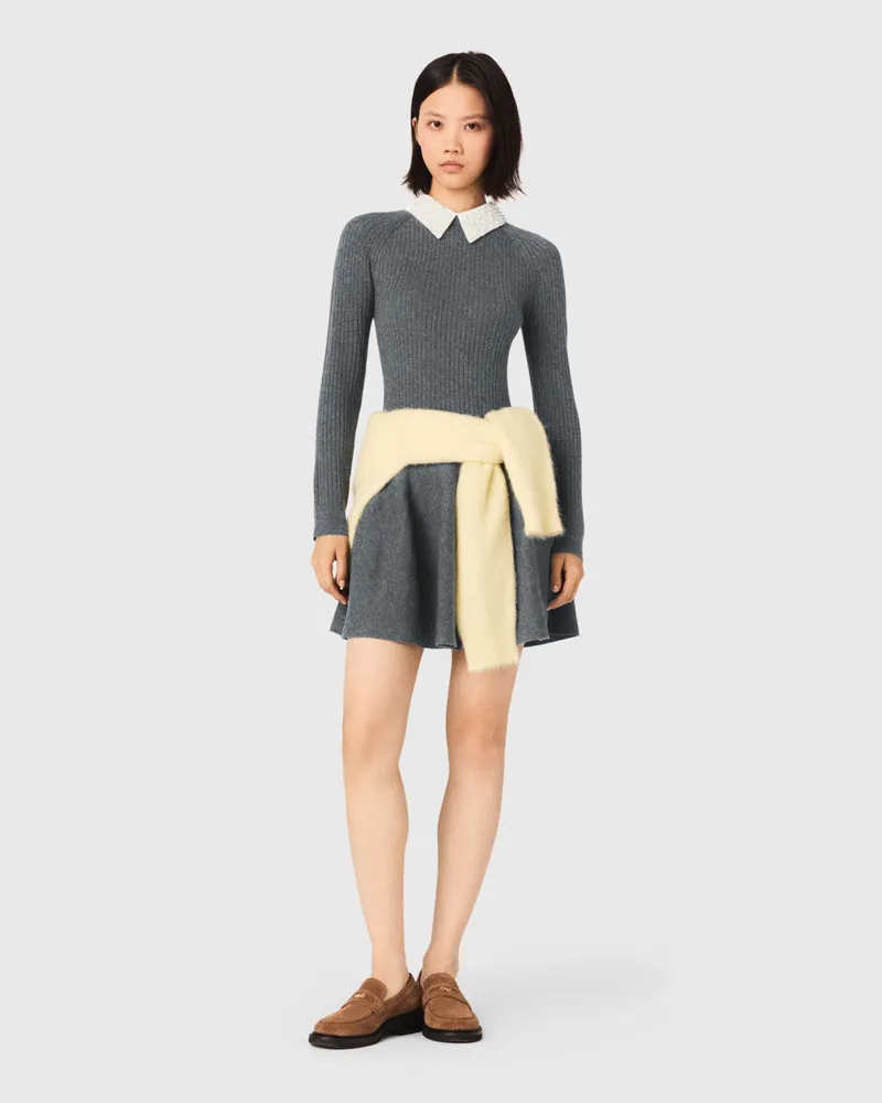 Maje Kurzes Strickkleid Mit Perlenkragen - Grau Grau