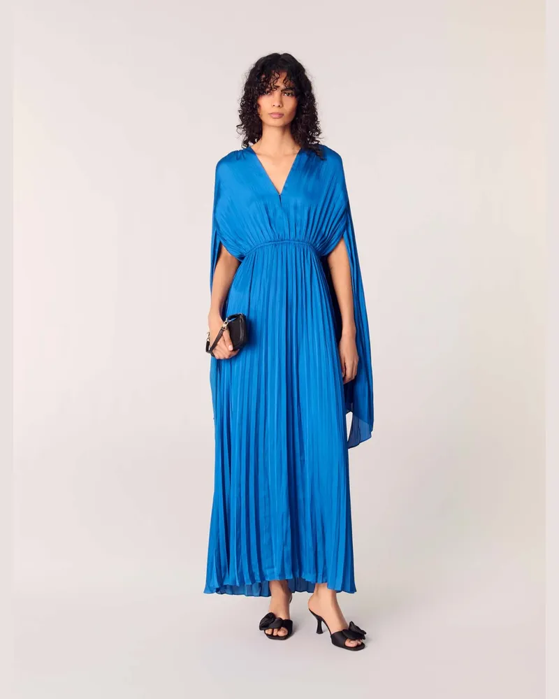 Maje Langes Plissiertes Satinkleid Mit Cape - Blau Blau
