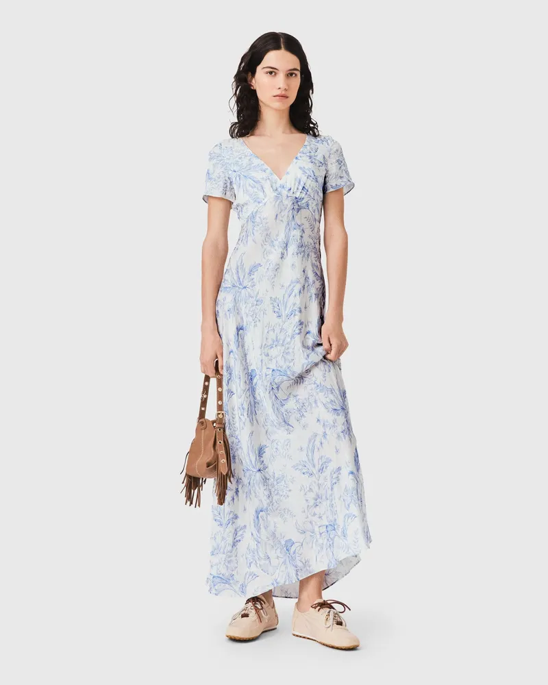 Maje Fließendes Langes Kleid Mit Print - Bleu Ciel Grosses Fleurs Print Bleu