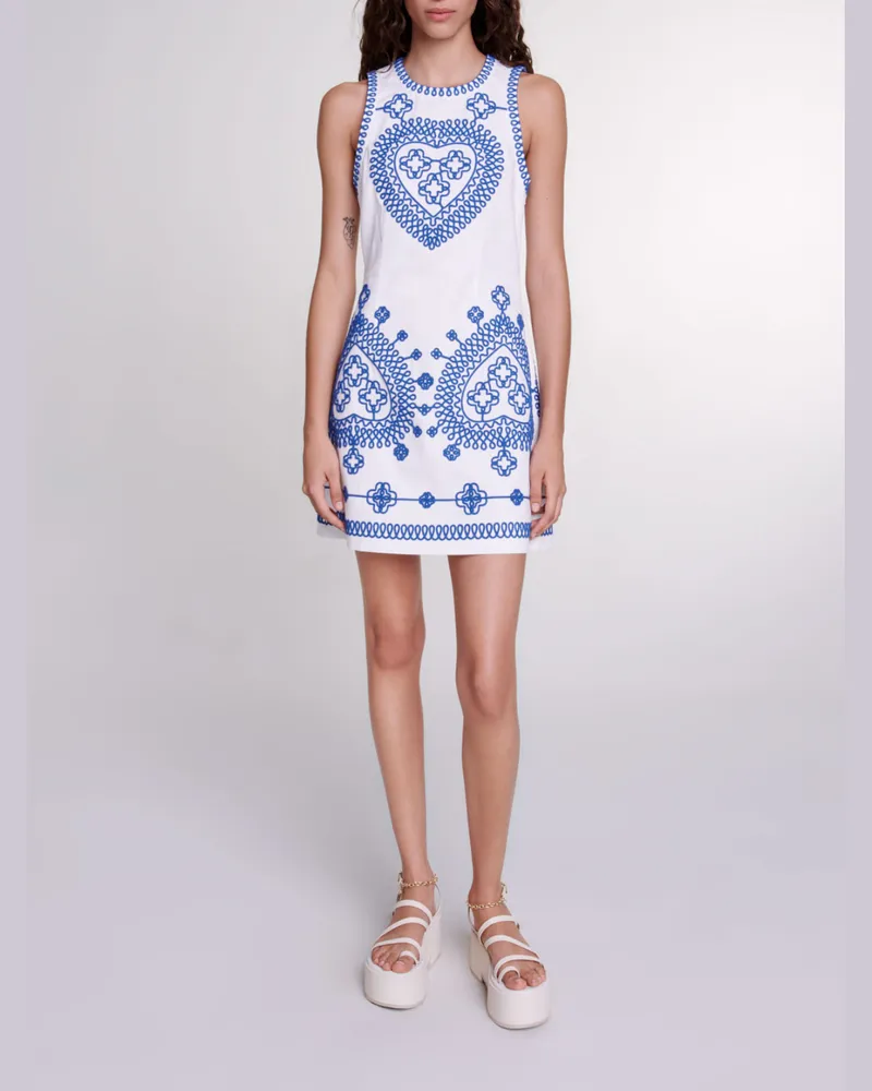 Maje Angepasstes Kleid Mit Stickerei - Weiß/blau Weiß