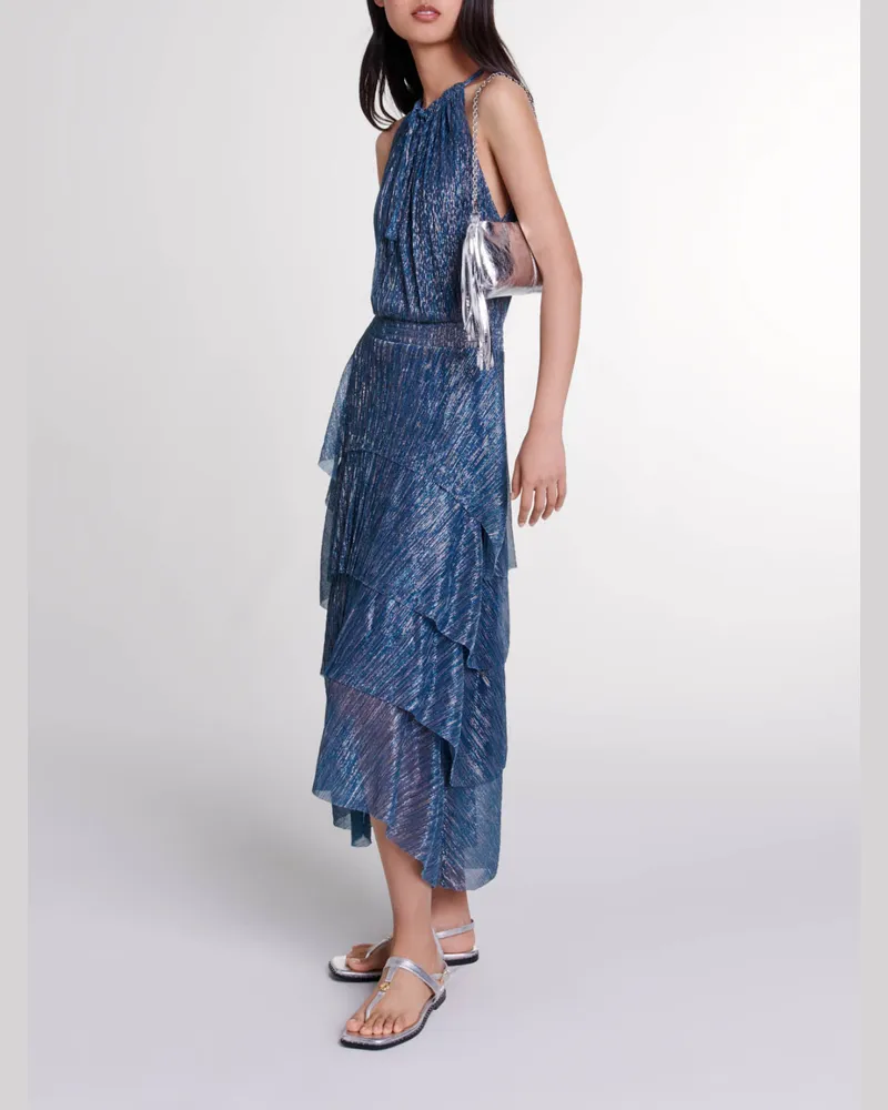 Maje Langes Lamee-kleid Mit Volants - Blau / Grau Blau