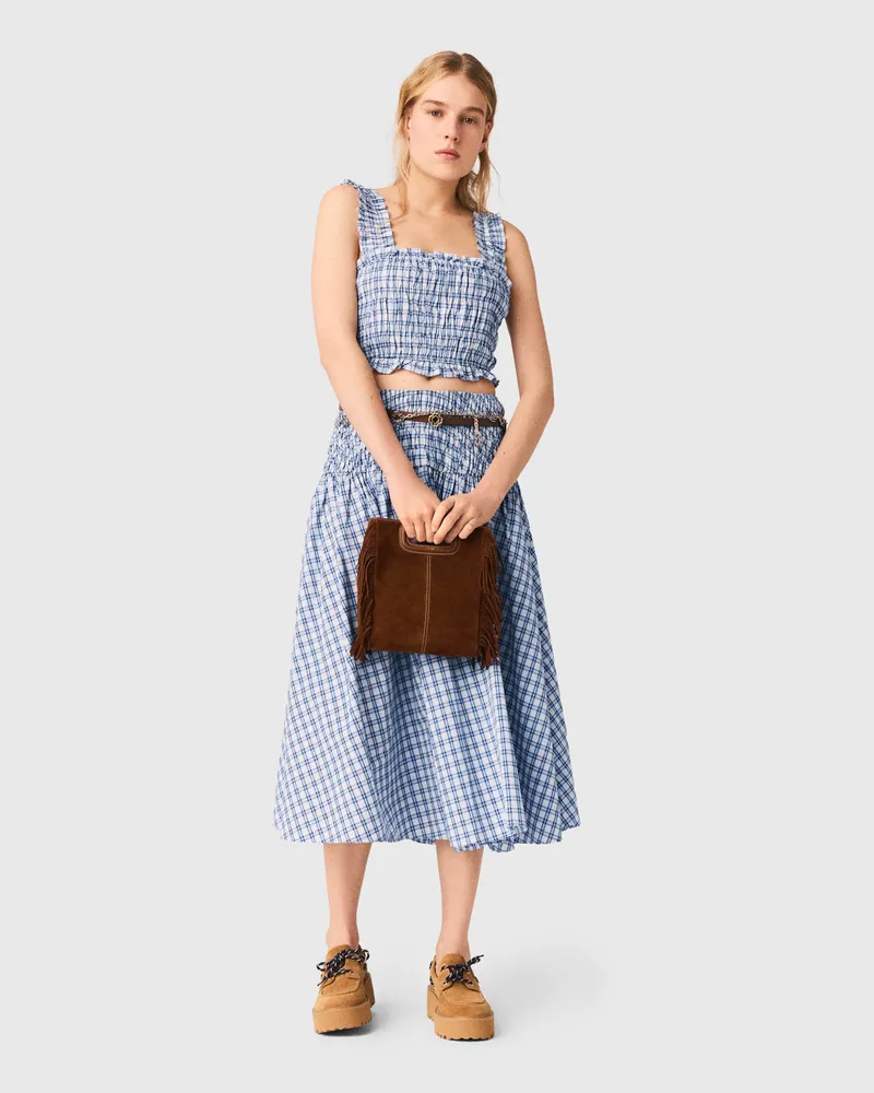 Maje Gesmoktes Baumwolltop Mit Strass - Carreaux Bleus Print Carreaux