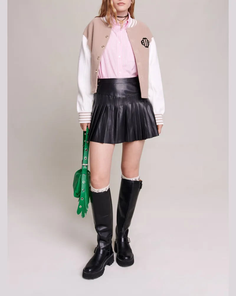 Maje Ausgestellter Lederrock Mit Falten - Schwarz Schwarz