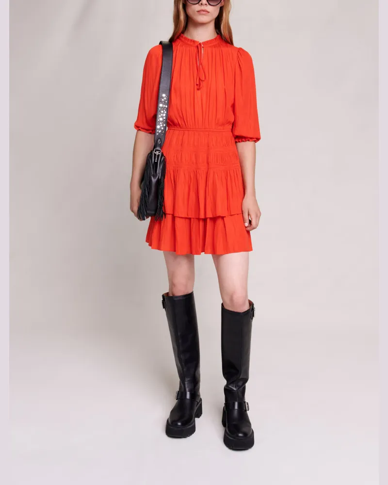 Maje Kurzes, Gesmoktes Kleid Aus Satin - Mohnrot Mohnrot