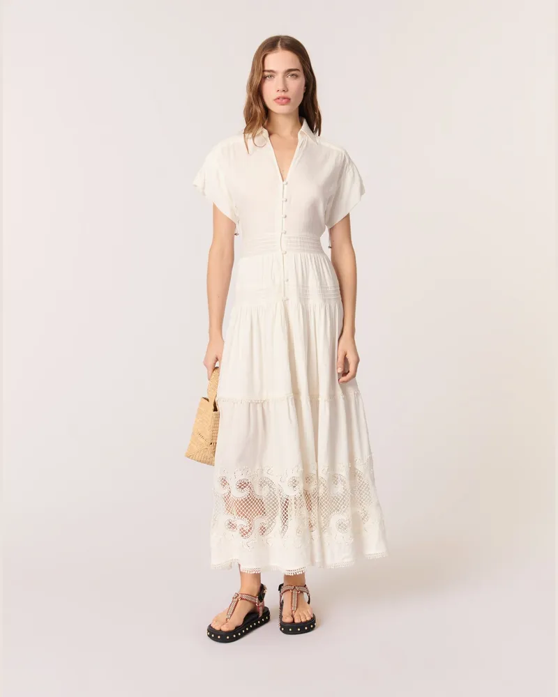 Maje Langes Besticktes Kleid Mit Volants - Ecru Ecru