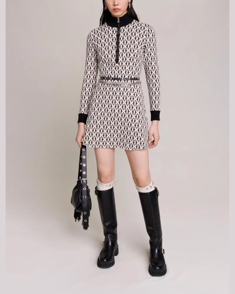 Maje Kurzes Jacquard-monogramm-kleid - Ecru Schwarz Ecru