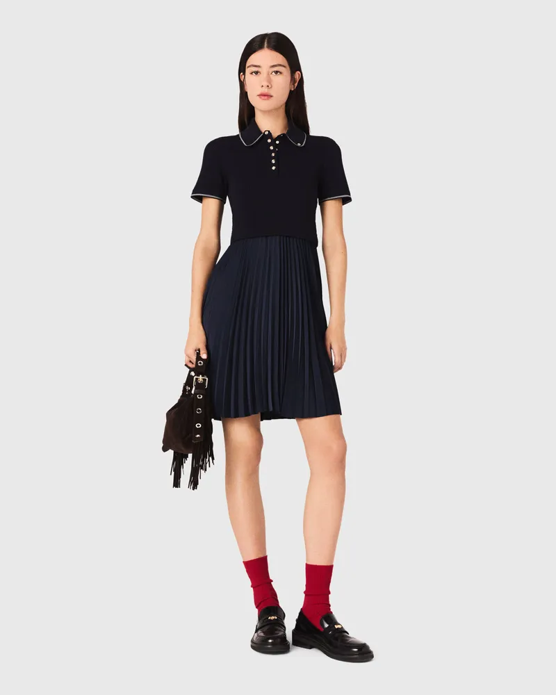 Maje Kurzes Plissee-kleid Mit Polo-krag - Marineblau Marine