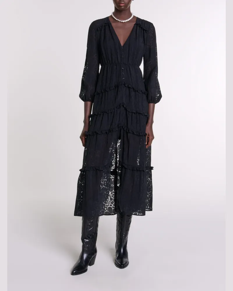 Maje Langes Rüschenkleid Mit Muster - Abendkleid - Schwarz Schwarz
