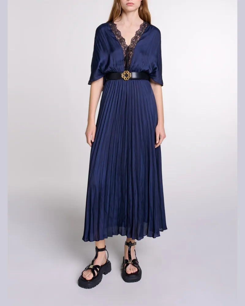 Maje Langes Plissee-kleid Mit Spitze - Marine/schwarz Marine