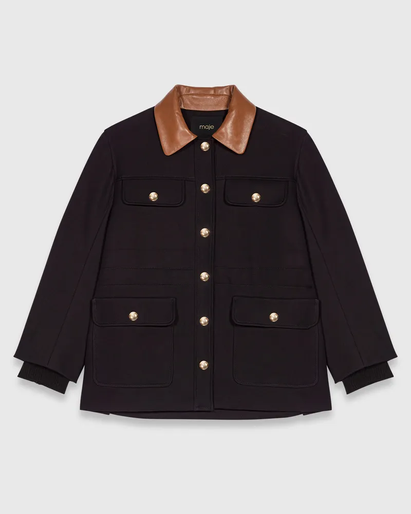 Maje Parka Mit Lederkragen - Schwarz Schwarz