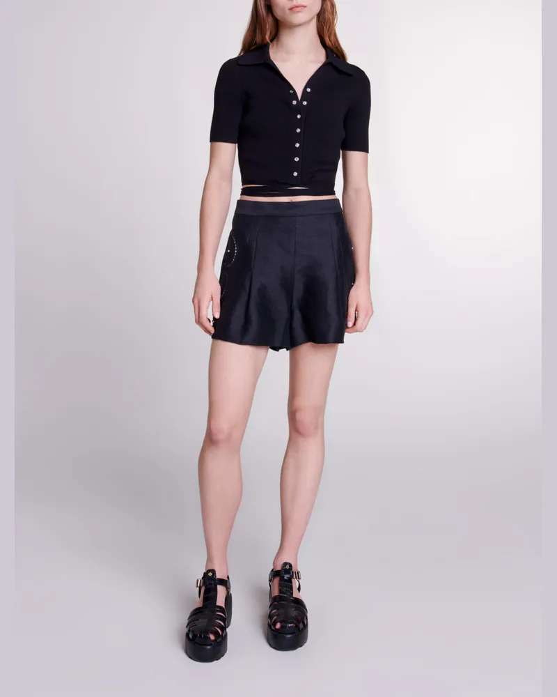 Maje Leinen-shorts Nieten & Lochmuster - Schwarz Schwarz