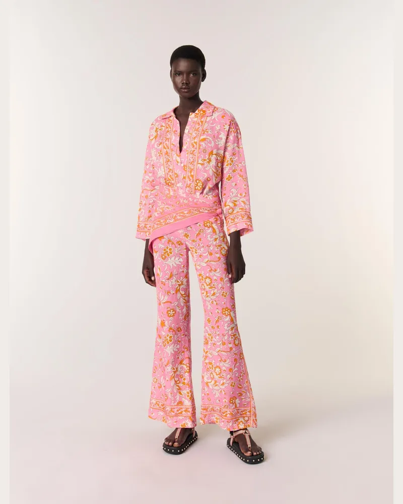 Maje Fließendes Leinenhemd Mit Print - Imprime Fleurs Orange Rose Imprime