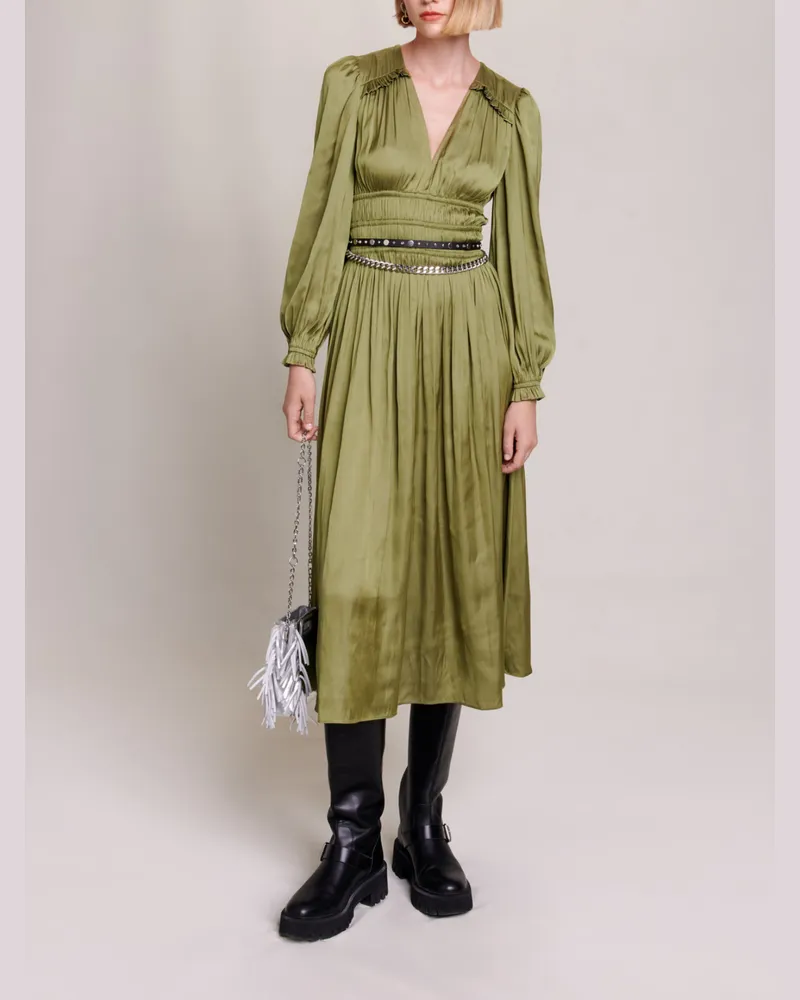 Maje Halblanges Satin-kleid Mit Rüschen - Khaki Khaki
