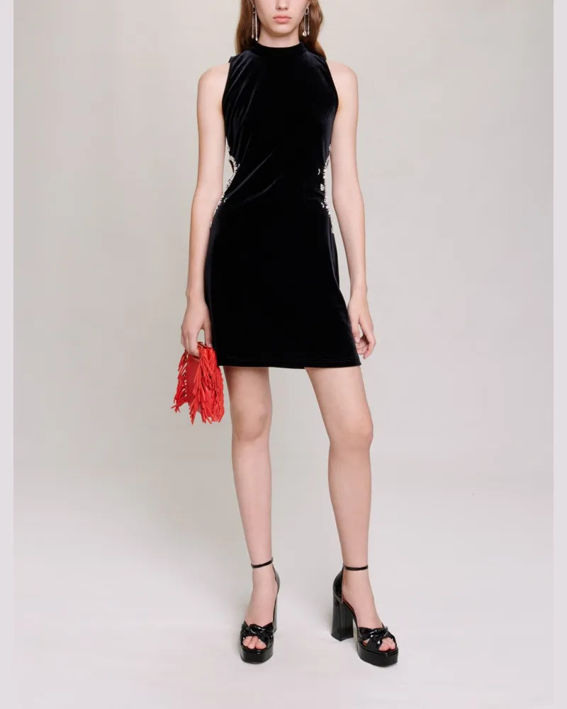 Maje Kurzes Samtkleid Mit Strass - Schwarz Schwarz