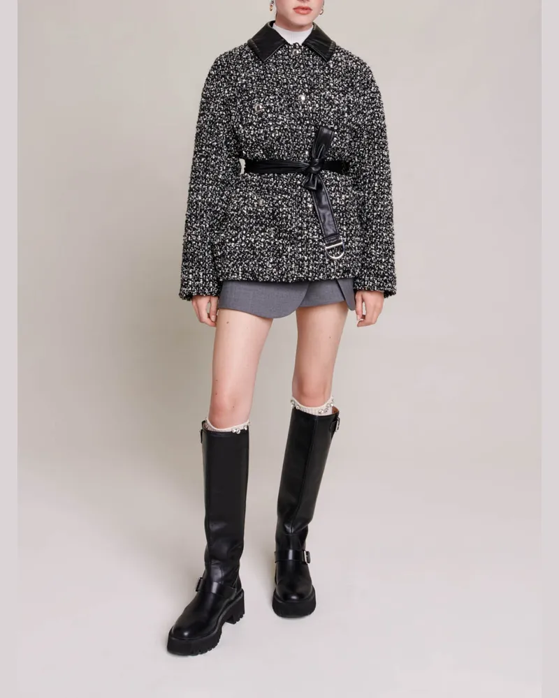 Maje Kurzer Tweed-mantel - Schwarz / Weiß Schwarz