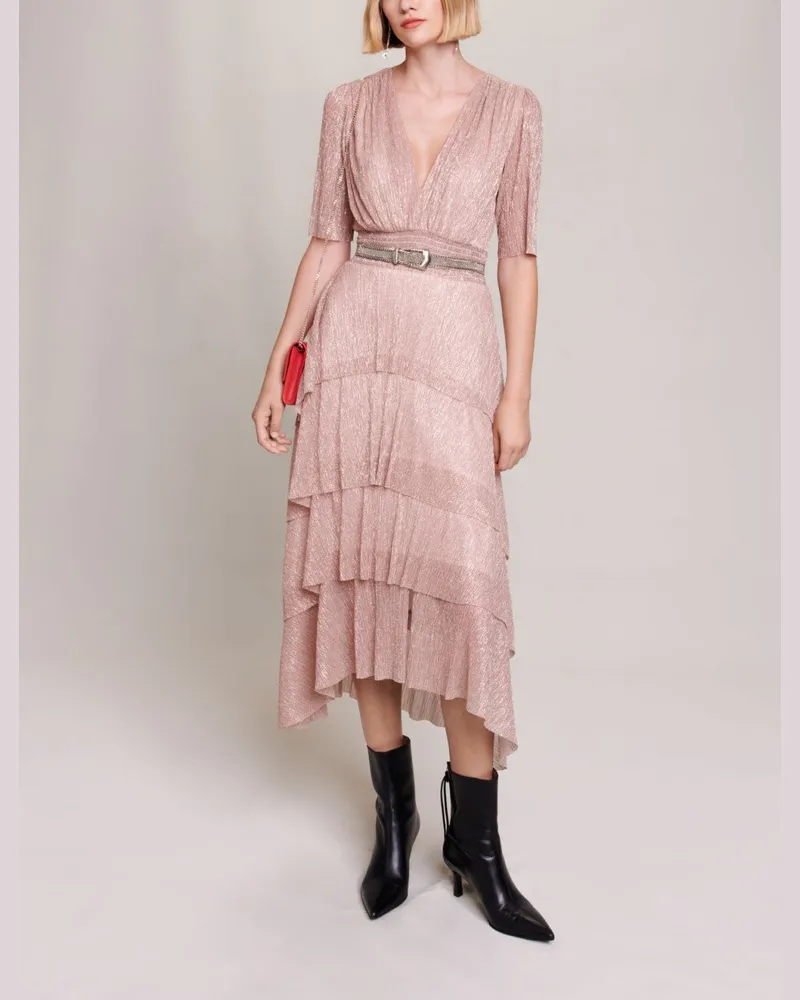 Maje Langes Kleid Aus Lamé Mit Rüschen - Pudriges Rosa Pudriges