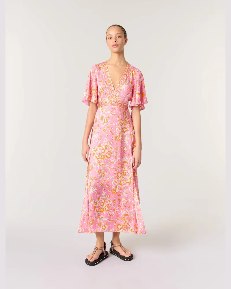 Maje Langes Fließendes Kleid Mit Print - Imprime Fleurs Orange Rose Imprime