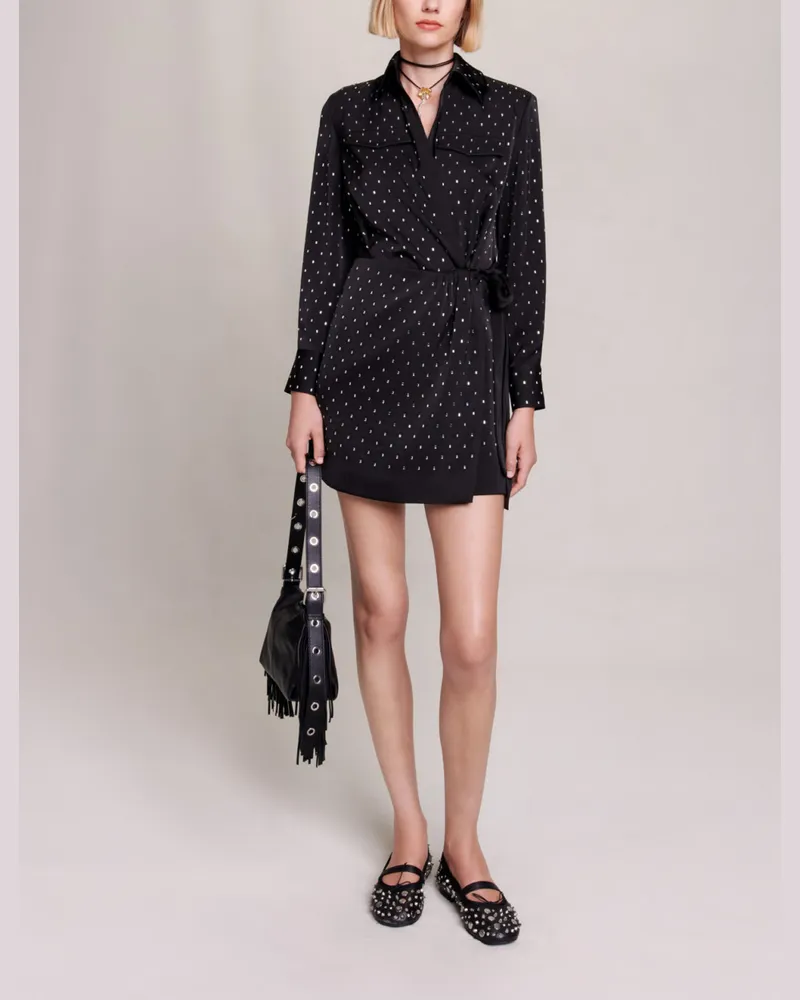 Maje Kurzes Kleid Aus Satin Mit Strass - Schwarz Schwarz