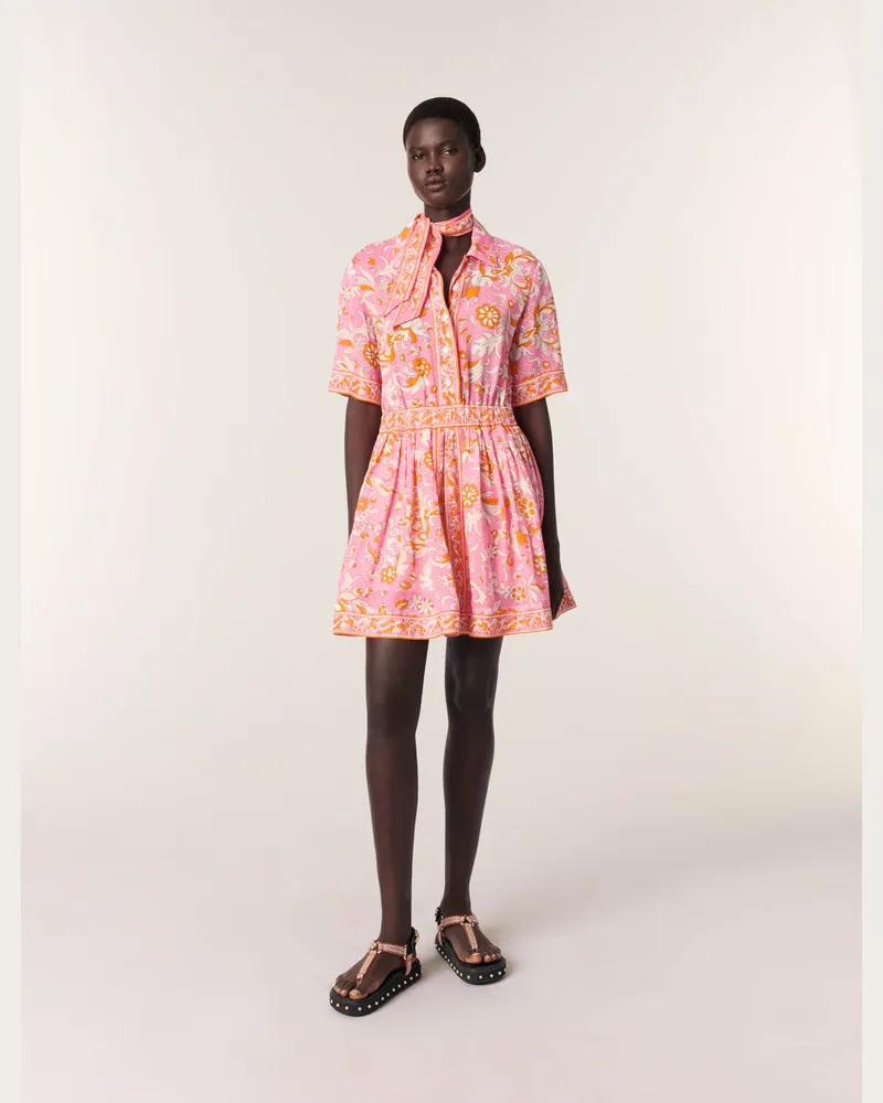 Maje Fließendes Kurzes Kleid Mit Print - Imprime Fleurs Orange Rose Imprime
