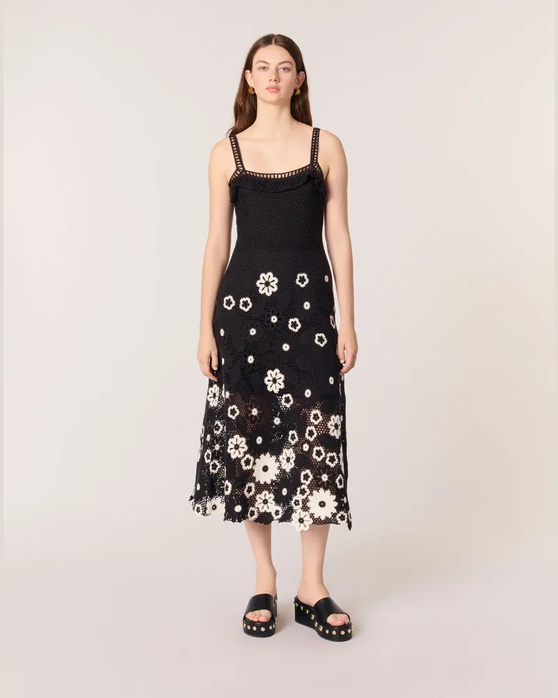 Maje Langes Häkelkleid Mit Blumenmuster - Schwarz / Weiß Schwarz