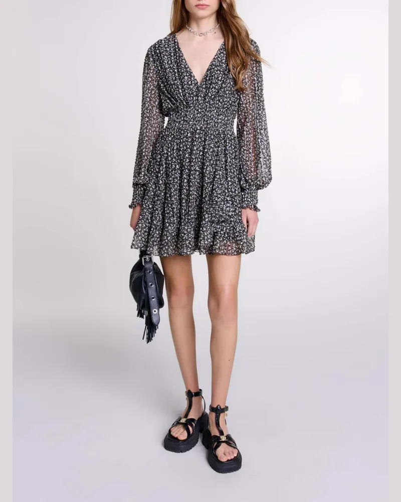 Maje Kurzes Ausgestelltes Kleid - Imprime Fleurs Fond Noir Imprime