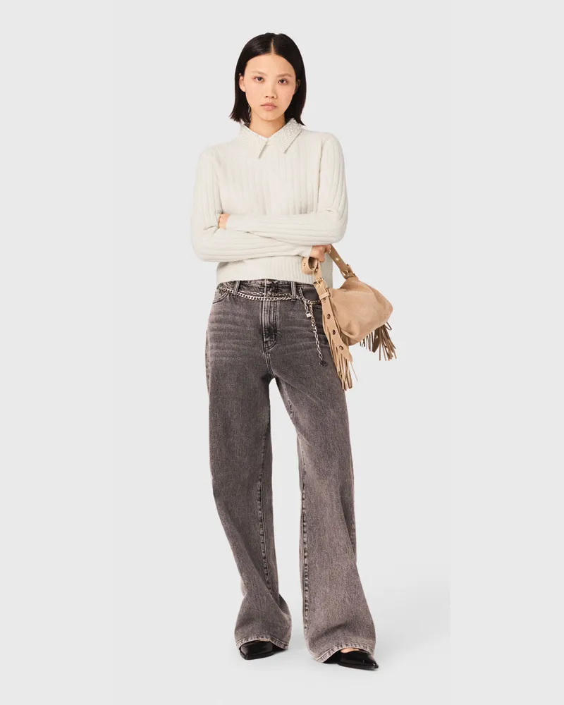 Maje Rippstrickpullover Mit Perlenkragen - Ecru Ecru