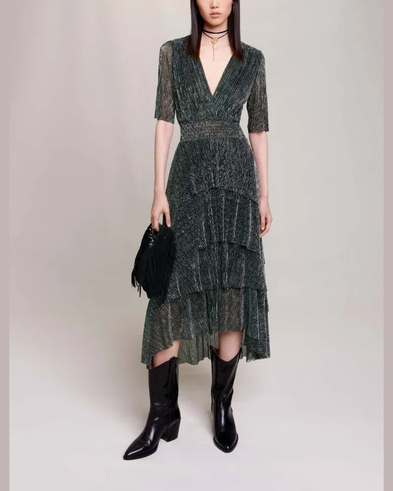 Maje Volantskleid Mit Metallic-garn - Grün / Silber Grün