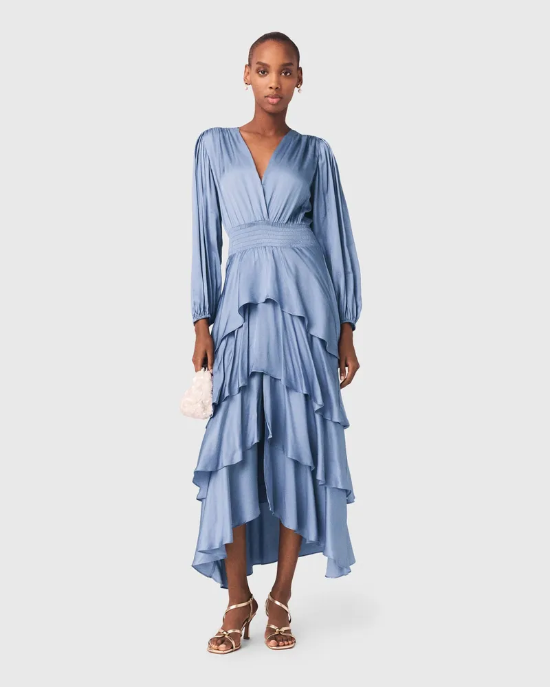 Maje Langes Kleid Mit Volants - Blau / Grau Blau