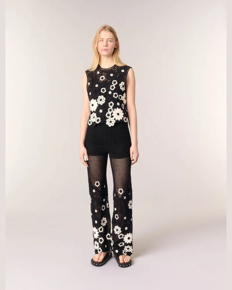 Maje Gehäkelte Hose Mit Blumenmotiv - Schwarz / Weiß Schwarz