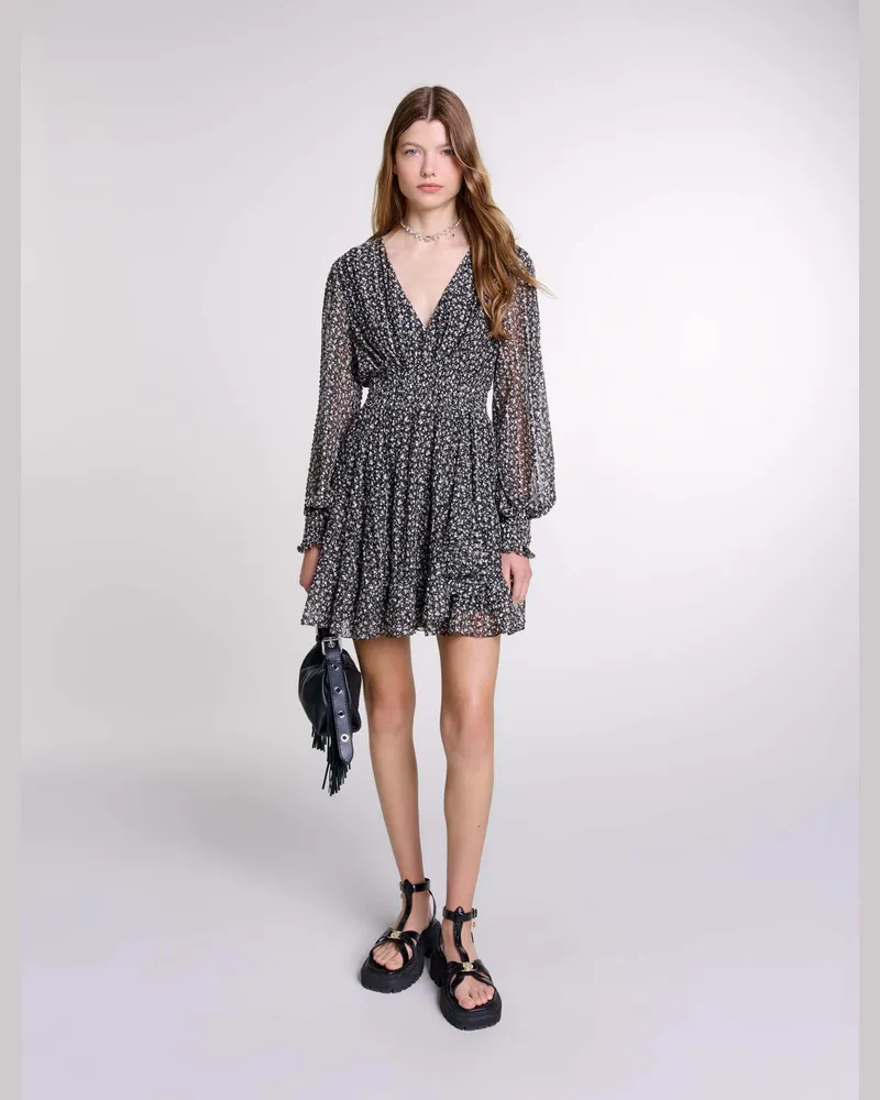 Maje Kurzes Ausgestelltes Kleid - Imprime Fleurs Fond Noir Imprime
