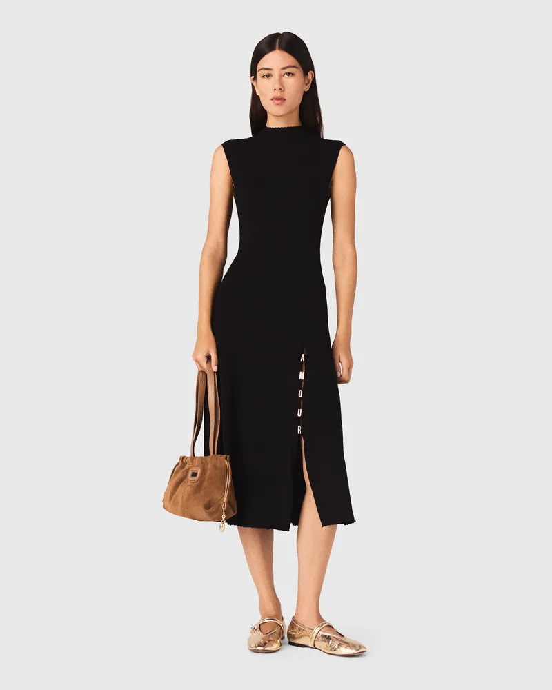 Maje Rippstrickkleid Mit Seitenschlitz - Schwarz Schwarz