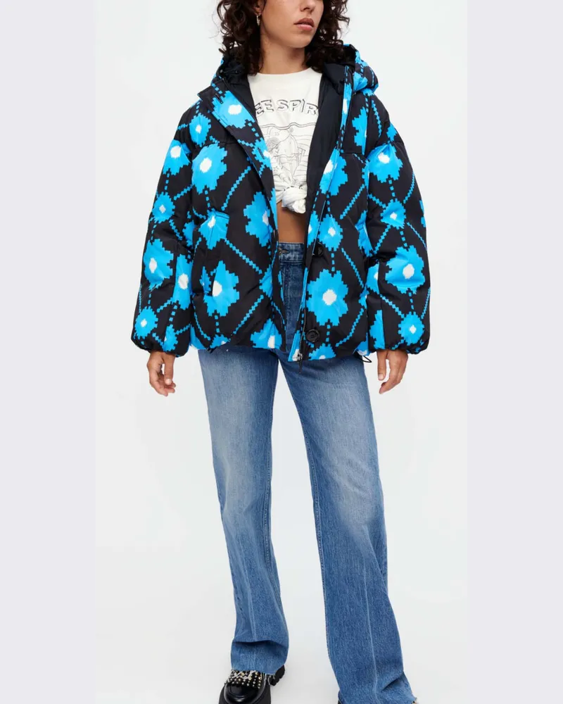 Maje Daunenjacke Mit Blumenprint - Schwarz/blau Schwarz