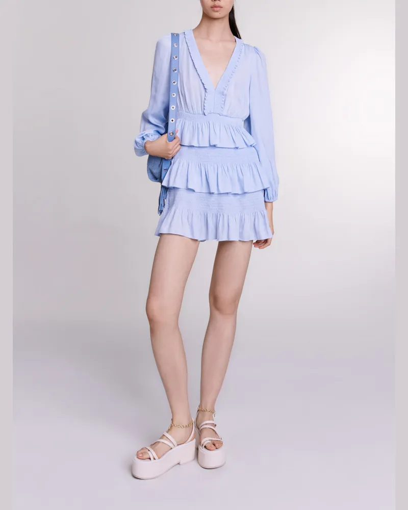 Maje Blaues Kleid Mit Volants Hellblau