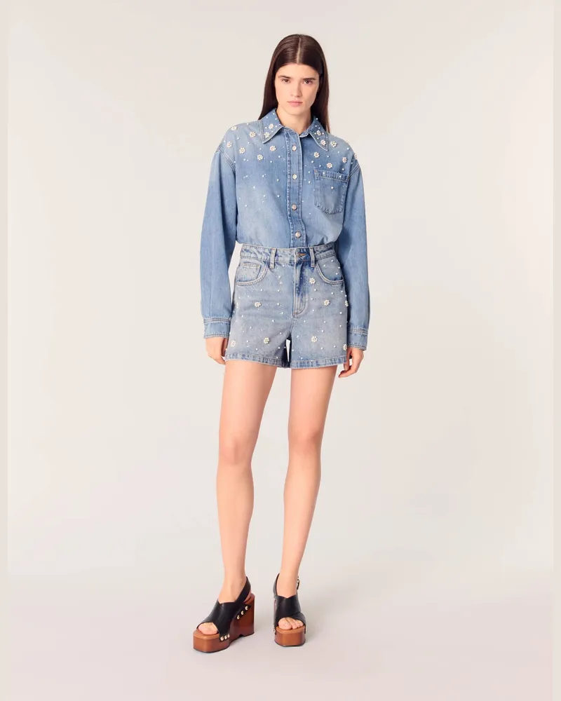 Maje Denim-shorts Mit Bestickten Perlen - Blau Blau