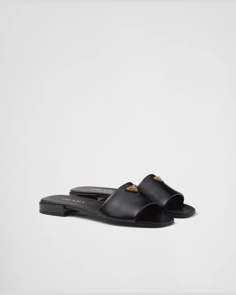 Prada Pantoletten aus Saffiano-Lackleder Schwarz