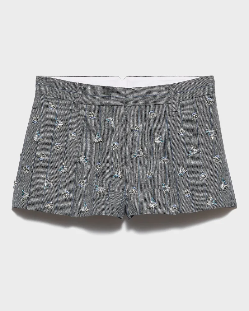 Prada Bestickte Shorts aus Wollnadelstreifen Anthrazitgrau