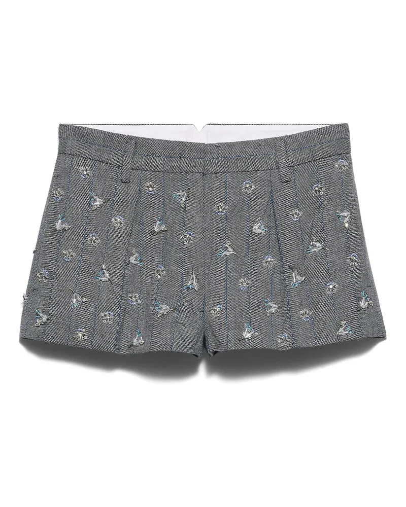 Prada Bestickte Shorts Aus Wollnadelstreifen , Damen, Anthrazitgrau, Größe Anthrazitgrau