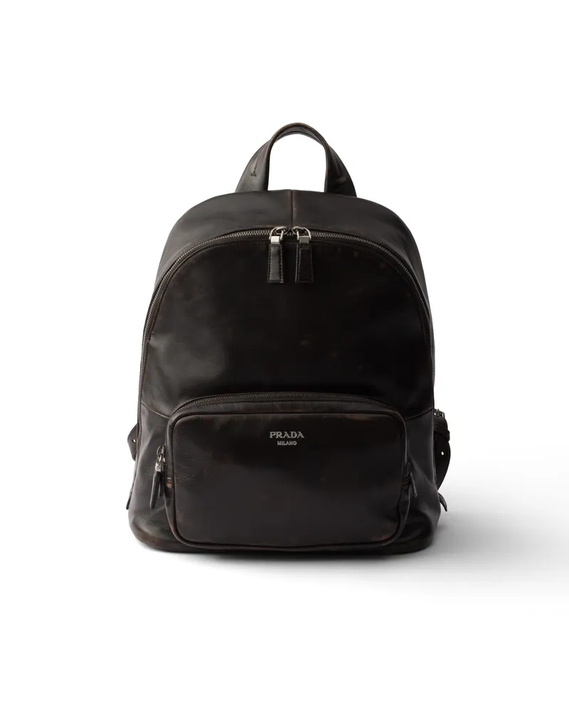 Prada Rucksack Aus Nappa-leder In Used-optik , Herren, Dunkelbraun Dunkelbraun