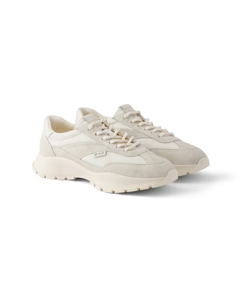 Prada Sneaker Aus Netzgewebe Und Veloursleder, Damen, Weiss, Größe Weiss