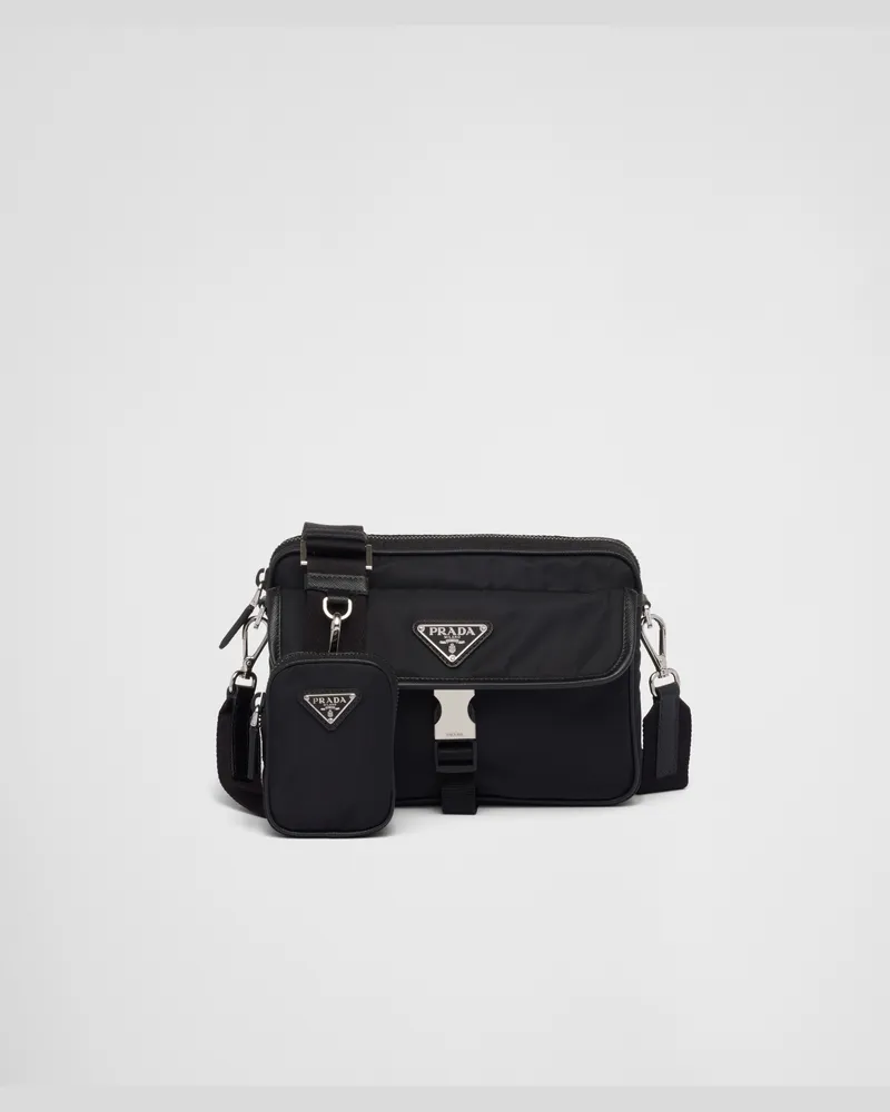 Prada Schultertasche aus Re-Nylon und Saffiano-Leder Schwarz