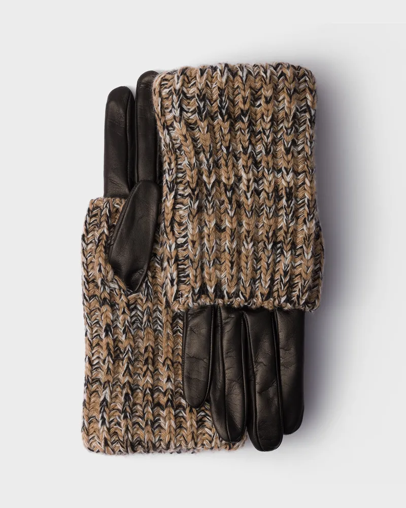 Prada Handschuhe aus Nappa-Leder und Melange-Strick Kamel