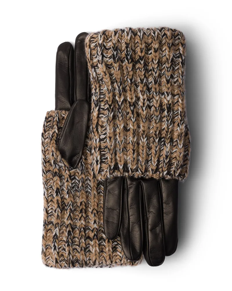 Prada Handschuhe Aus Nappa-leder Und Melange-strick, Damen, Kamel/schwarz, Größe 8,5 Kamel