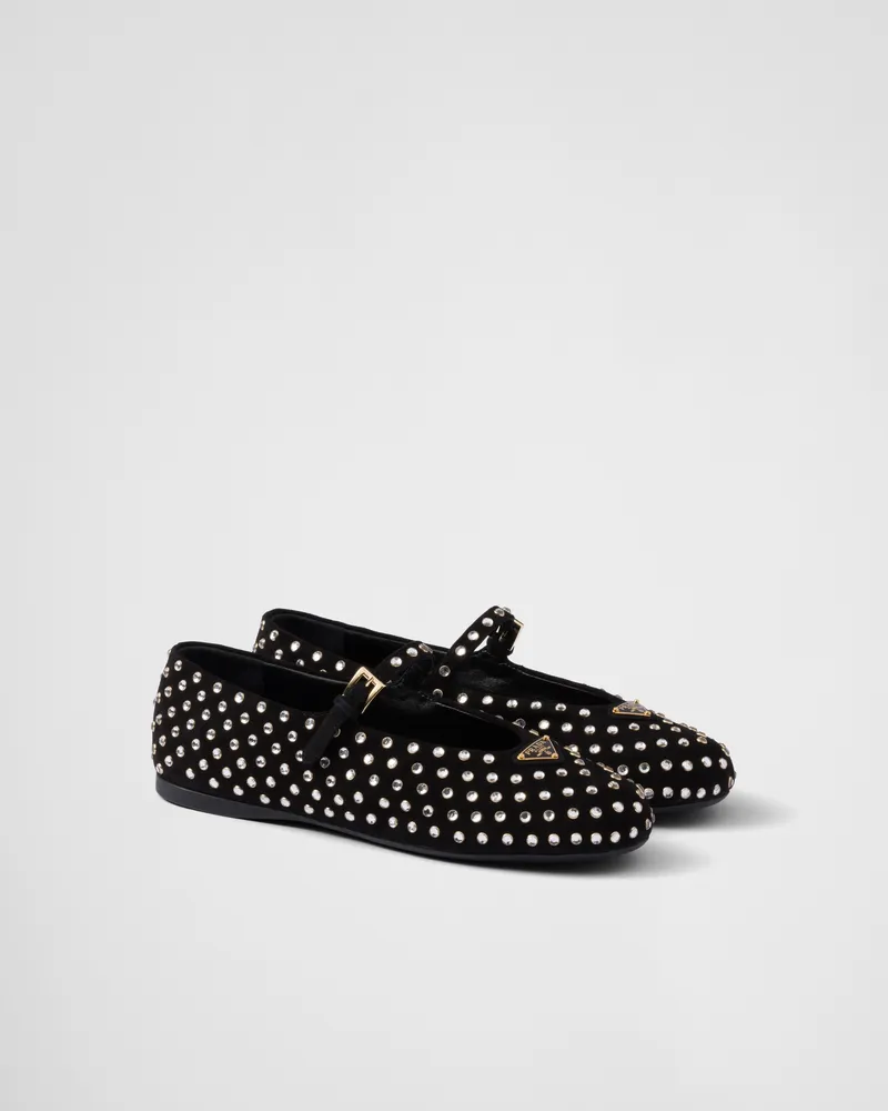 Prada Ballerinas aus Wildleder mit Kristallen Schwarz
