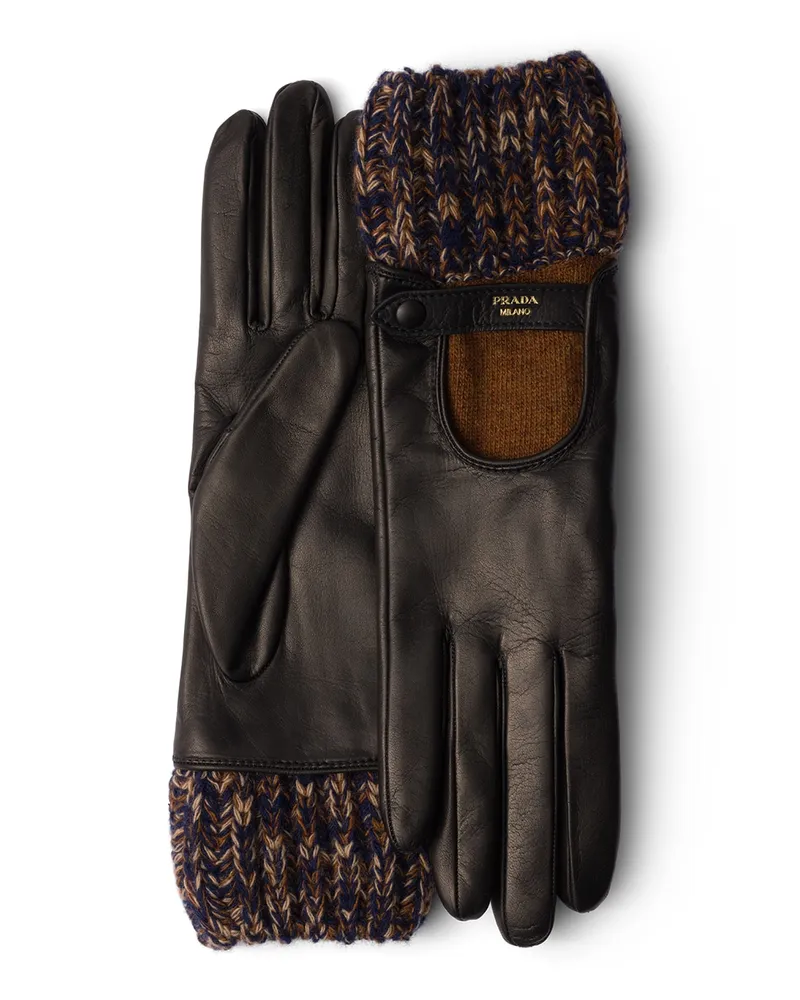 Prada Handschuhe Aus Nappa-leder Und Mélange-strick, Damen, Marineblau/rost, Größe 9 Marineblau