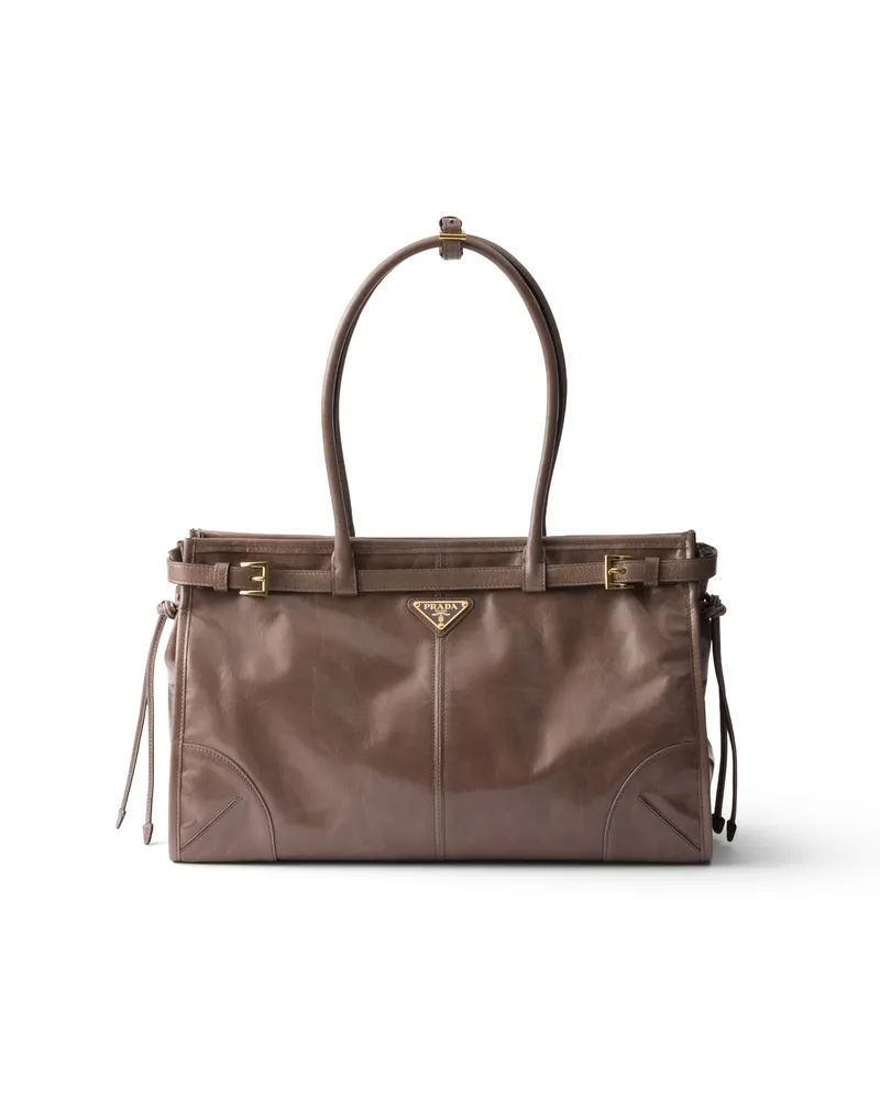 Prada Bonnie Große Handtasche Aus Leder, Damen, Lehm Lehm