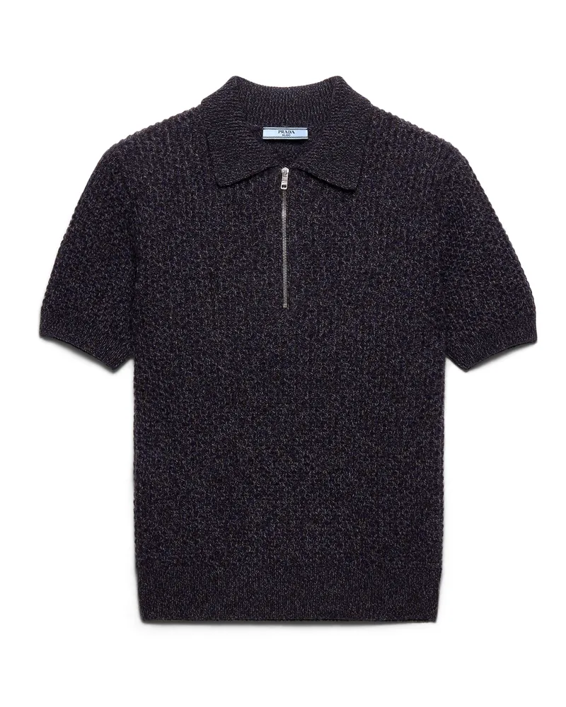 Prada Kurzärmeliger Polo-pullover Aus Wolle Und Mouliné-kaschmir, Damen, Dunkelbraun/schiefer, Größe Dunkelbraun