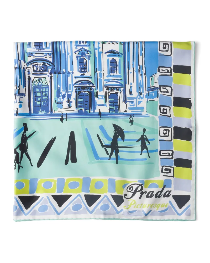 Prada Pittoresque-tuch Aus Seide Mit Mailand-print, 90 x 90, Damen, Himmelblau Himmelblau